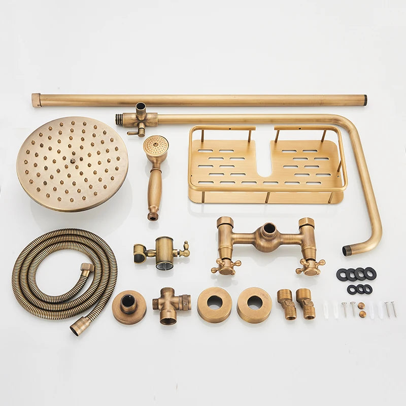 Villa | Antique Brass Shower Faucet Set with Handshower and Shelf Dual Handle Mixer