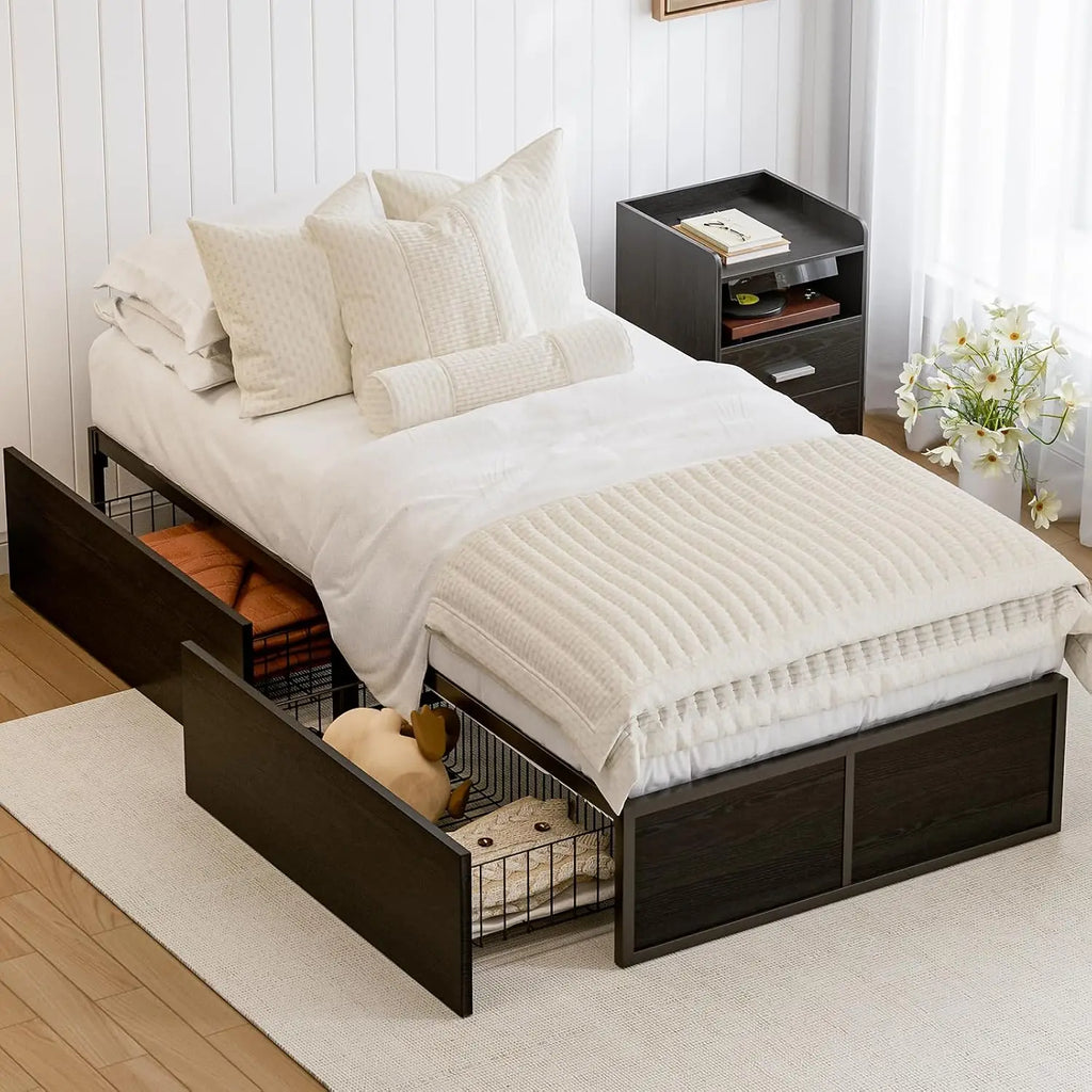 Notte | Twin Metal Platform Bed with Footboard and Two Extra Large Storage Drawers