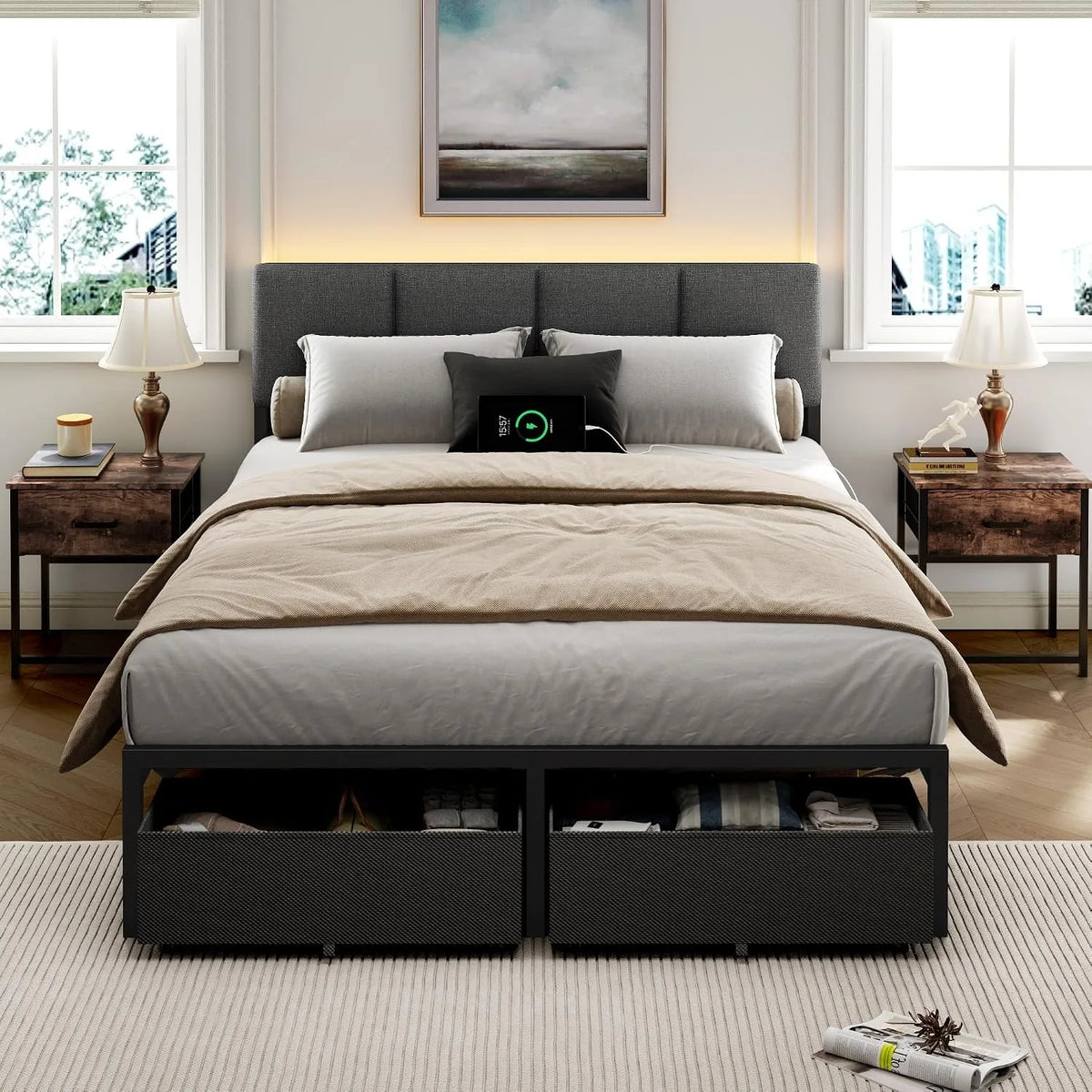 Aurea | Full Size Upholstered Bed Frame with LED Lighting Charging Station and Storage Drawers