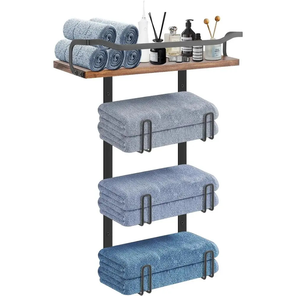 Mensola | Matte Black Wall Mounted Towel Rack with Wooden Shelf for Bathroom Storage