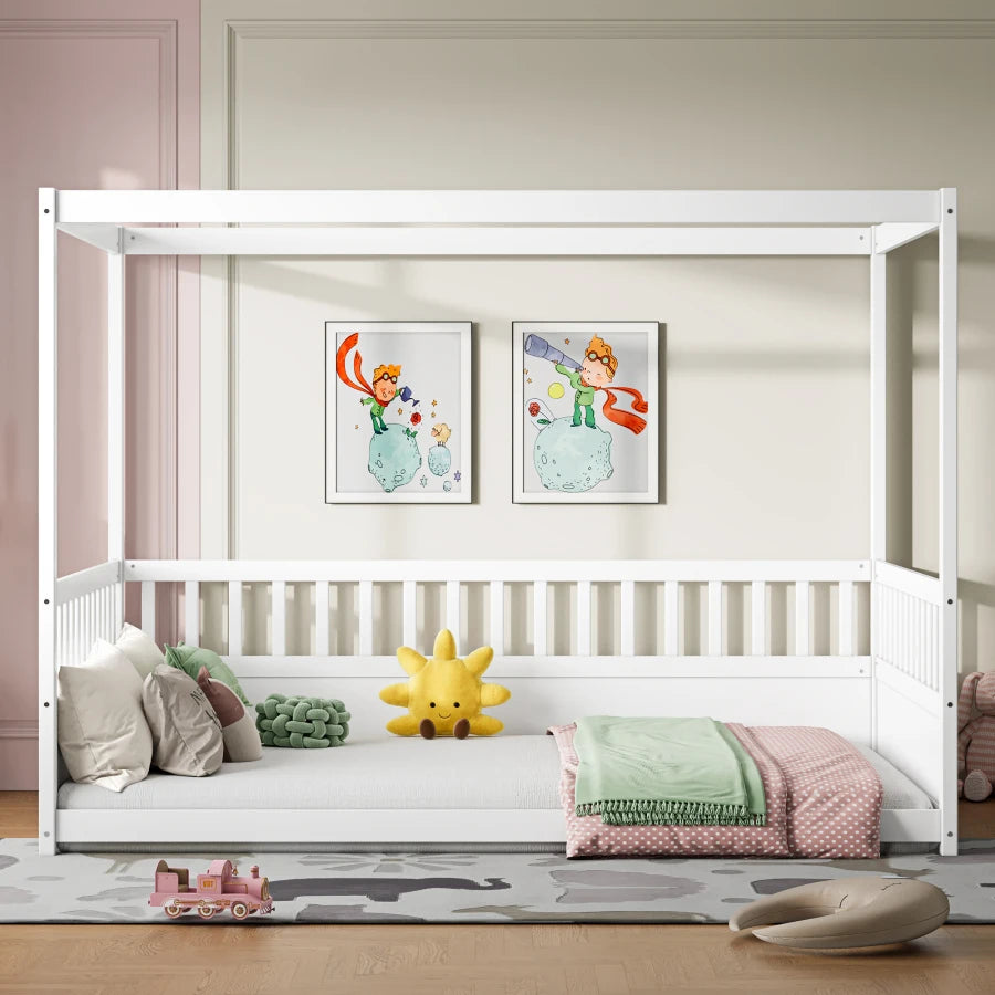 Nido | Full Size Wood Canopy Floor Bed with Guardrails Montessori Frame