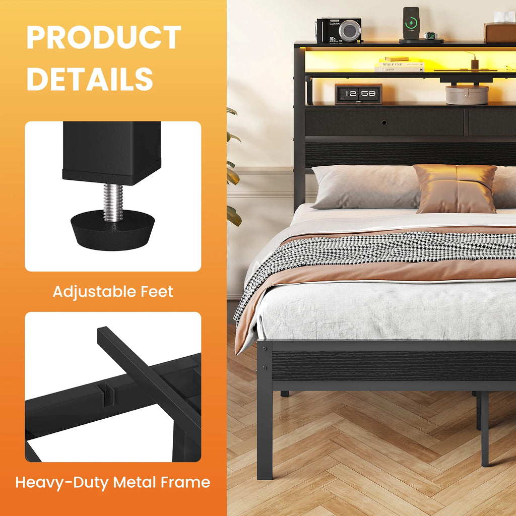 Scaffale | Metal Platform Bed with LED Three Tier Headboard Shelves and Storage Drawers
