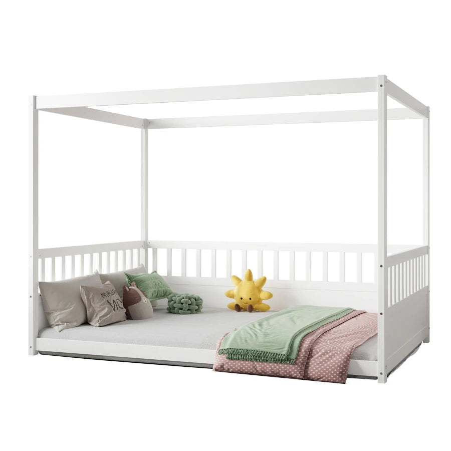 Nido | Full Size Wood Canopy Floor Bed with Guardrails Montessori Frame