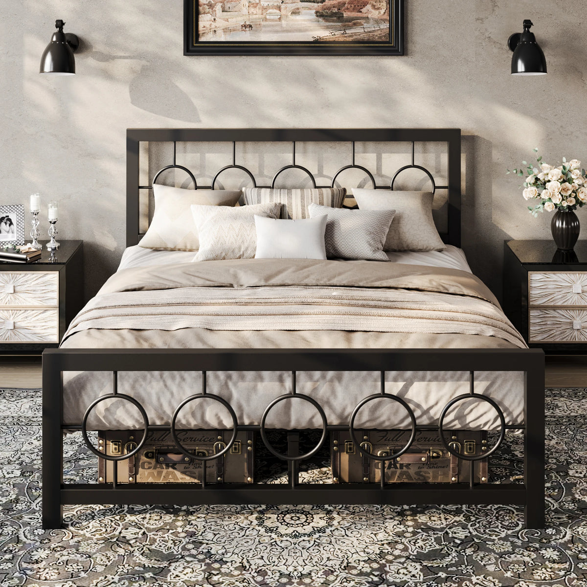 Cerchio | Metal Platform Bed with Vintage Circular Headboard and Footboard