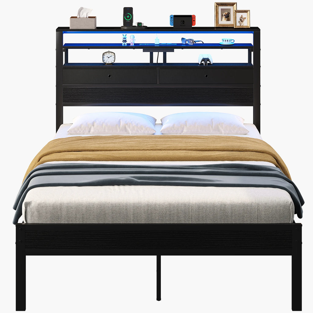 Scaffale | Metal Platform Bed with LED Three Tier Headboard Shelves and Storage Drawers