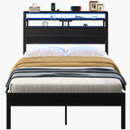 Scaffale | Metal Platform Bed with LED Three Tier Headboard Shelves and Storage Drawers