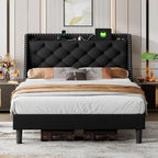 Ala | Queen Wingback Bed Frame with Button Tufted Storage Headboard and Charging Station