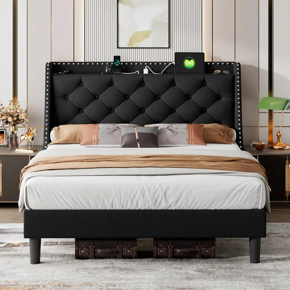 Ala | Queen Wingback Bed Frame with Button Tufted Storage Headboard and Charging Station