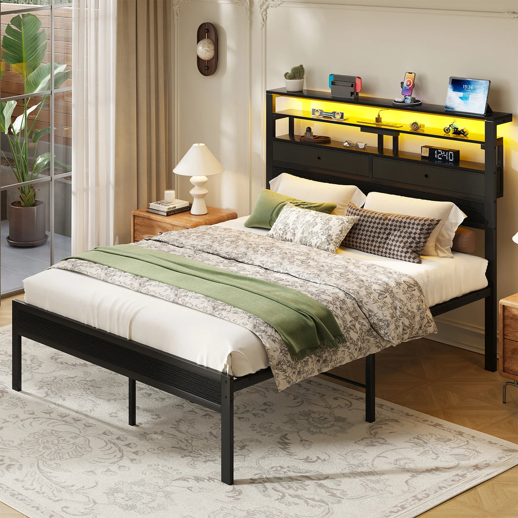 Scaffale | Metal Platform Bed with LED Three Tier Headboard Shelves and Storage Drawers