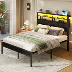 Scaffale | Metal Platform Bed with LED Three Tier Headboard Shelves and Storage Drawers