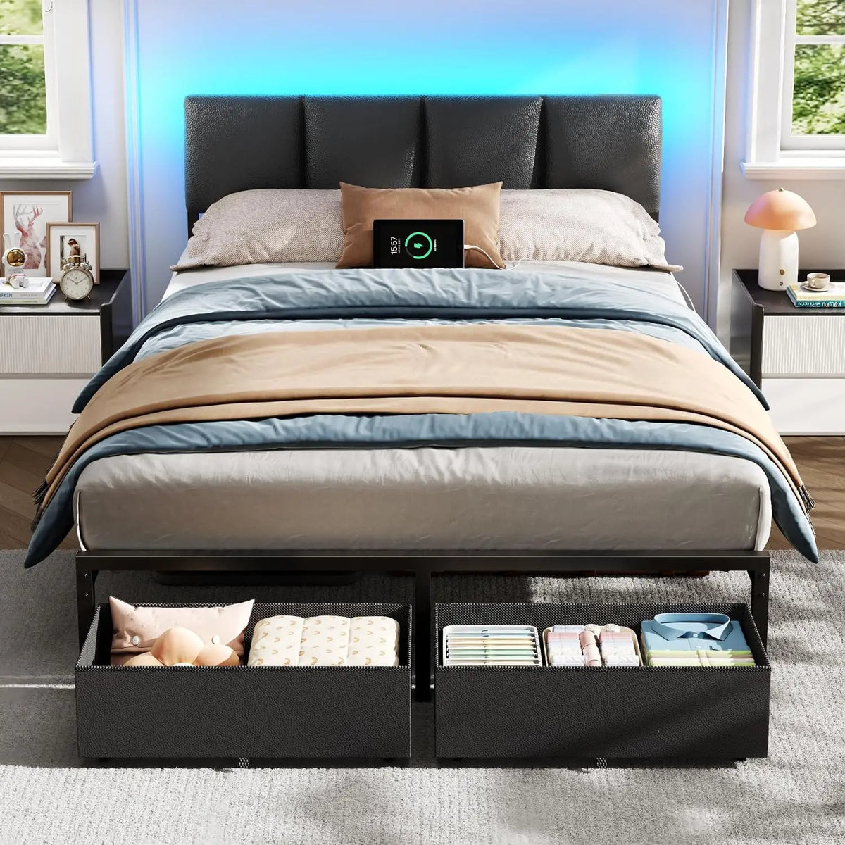 Aurea | Full Size Upholstered Bed Frame with LED Lighting Charging Station and Storage Drawers