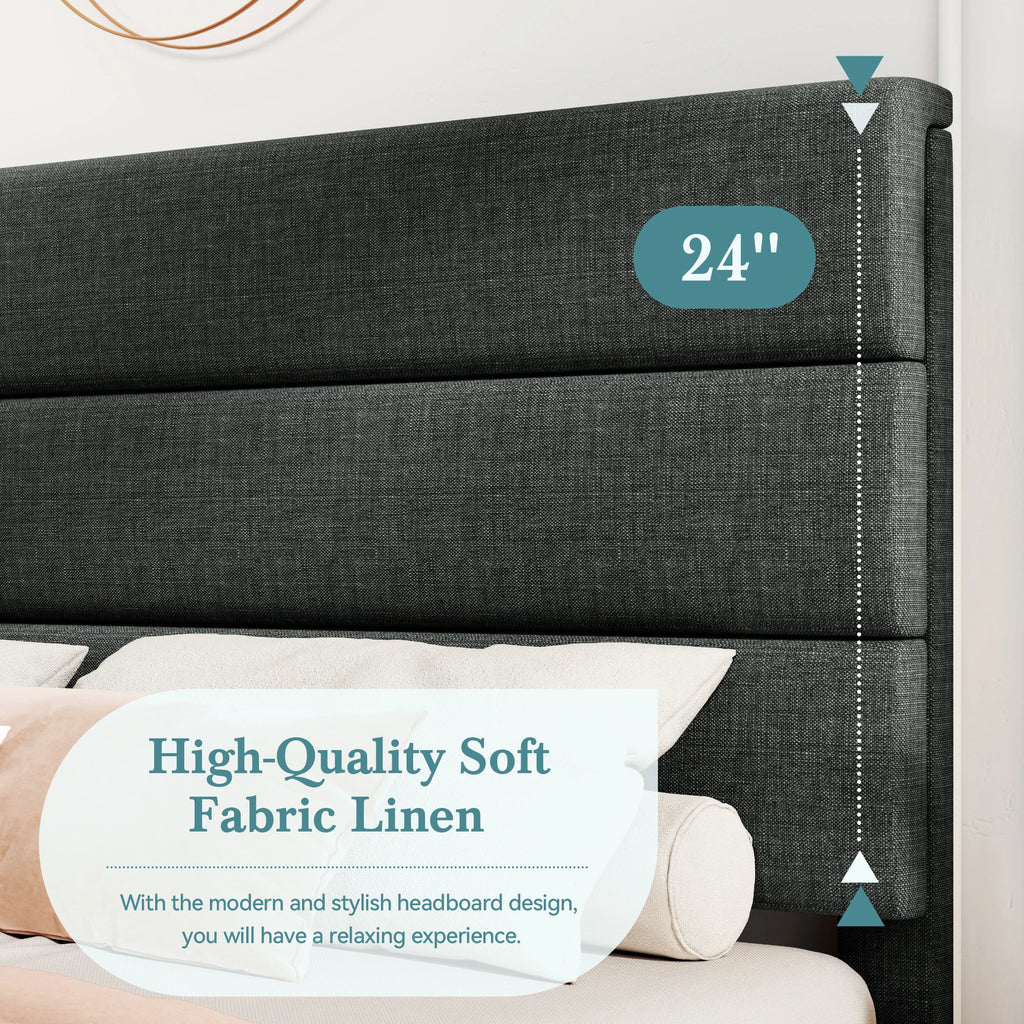 Lino | Fabric Platform Bed Frame with Headboard and Strong Wood Slat Support