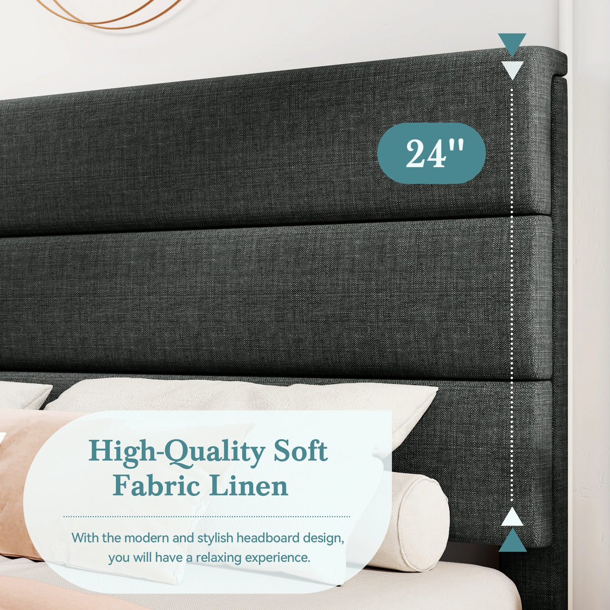 Lino | Fabric Platform Bed Frame with Headboard and Strong Wood Slat Support
