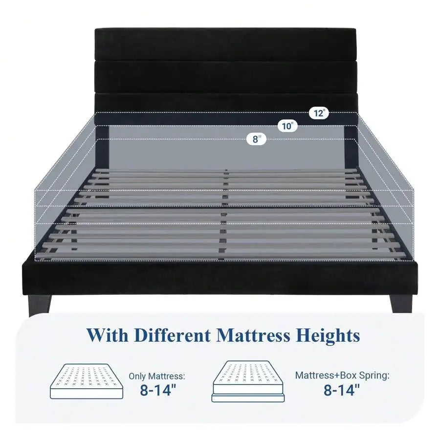 Basilio | Fully Upholstered Platform Bed Frame with Wood Slat Support in Dark Gray