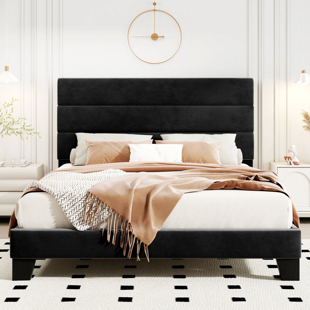 Lino | Fabric Platform Bed Frame with Headboard and Strong Wood Slat Support