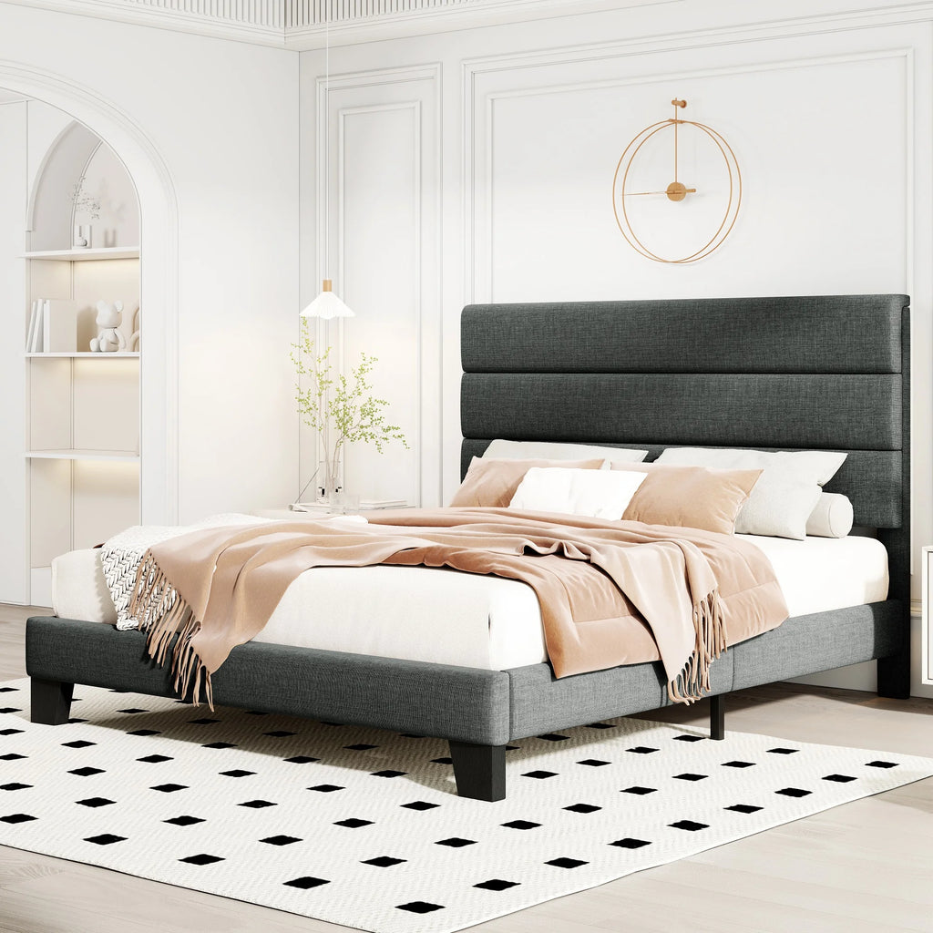 Lino | Fabric Platform Bed Frame with Headboard and Strong Wood Slat Support