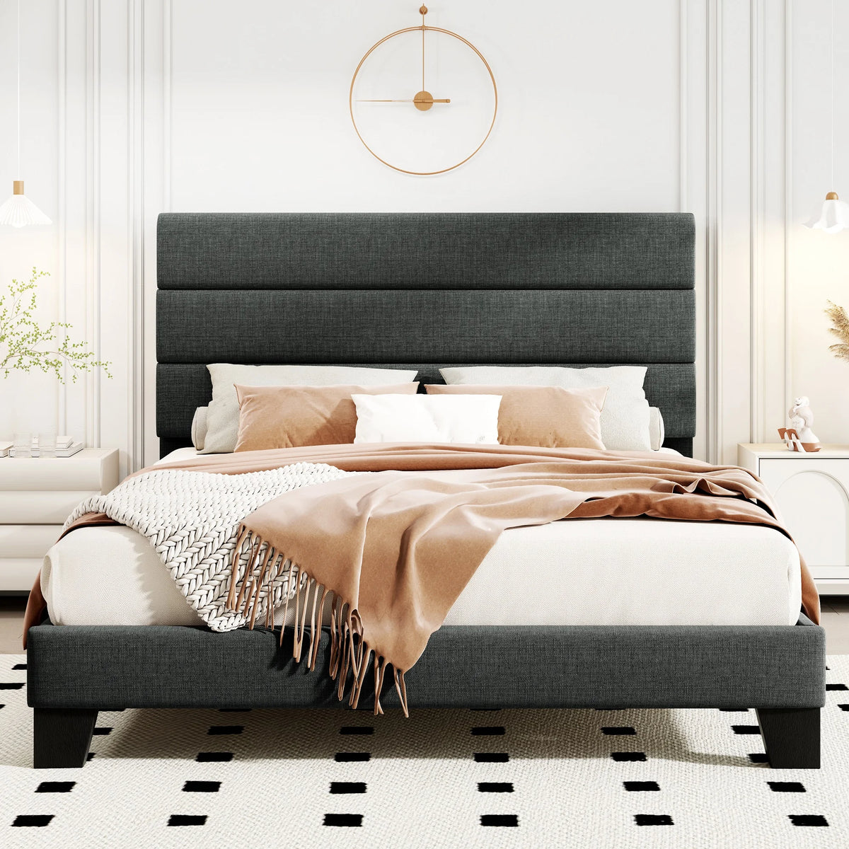 Lino | Fabric Platform Bed Frame with Headboard and Strong Wood Slat Support