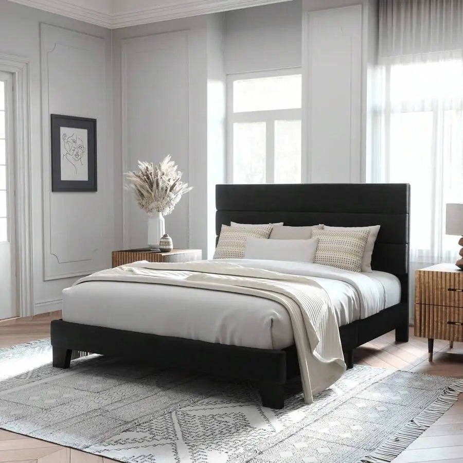 Basilio | Fully Upholstered Platform Bed Frame with Wood Slat Support in Dark Gray
