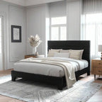 Basilio | Fully Upholstered Platform Bed Frame with Wood Slat Support in Dark Gray