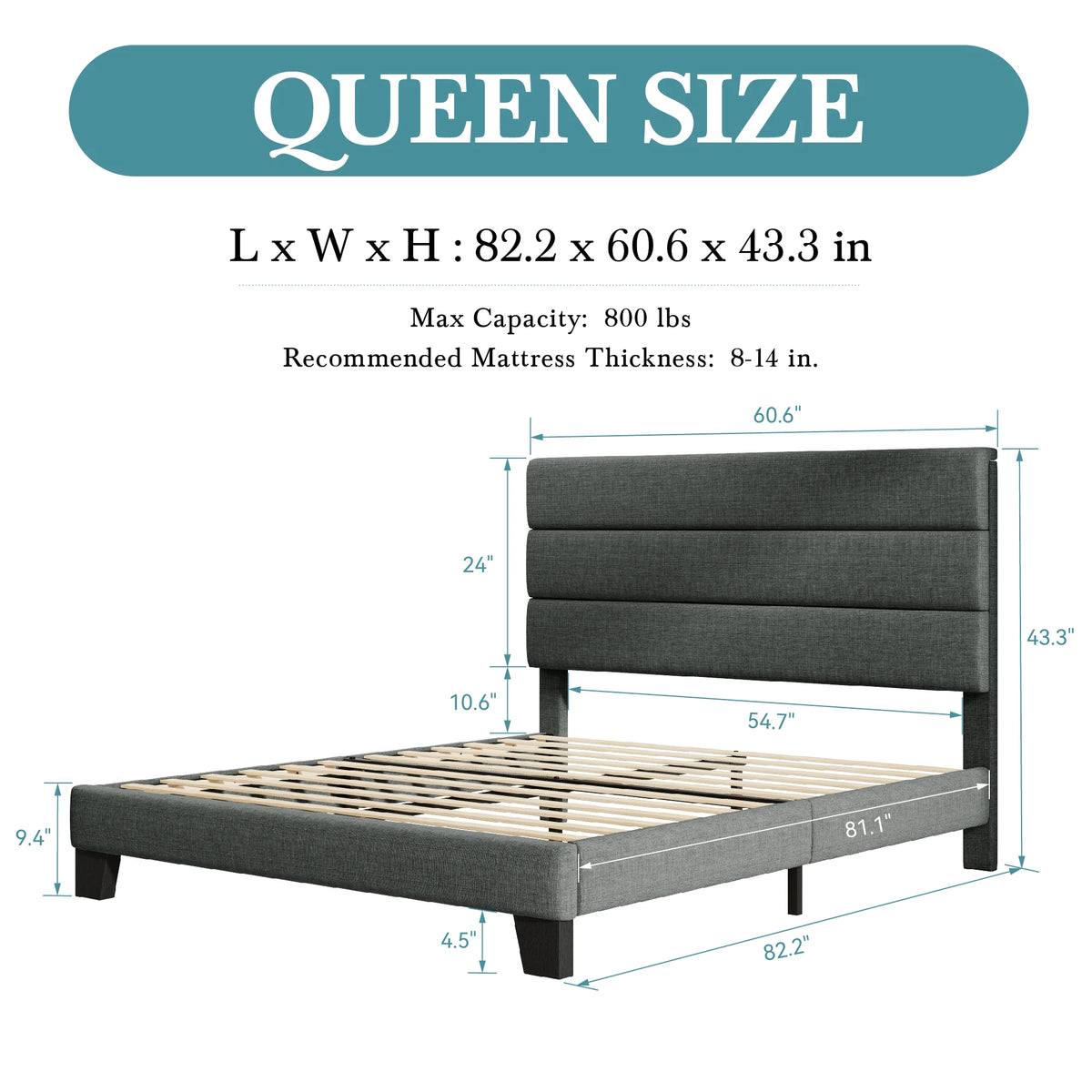 Lino | Fabric Platform Bed Frame with Headboard and Strong Wood Slat Support