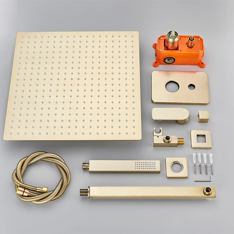 Aurora | Brushed Gold Concealed Shower System Wall Mounted Rainfall Set with Mixer