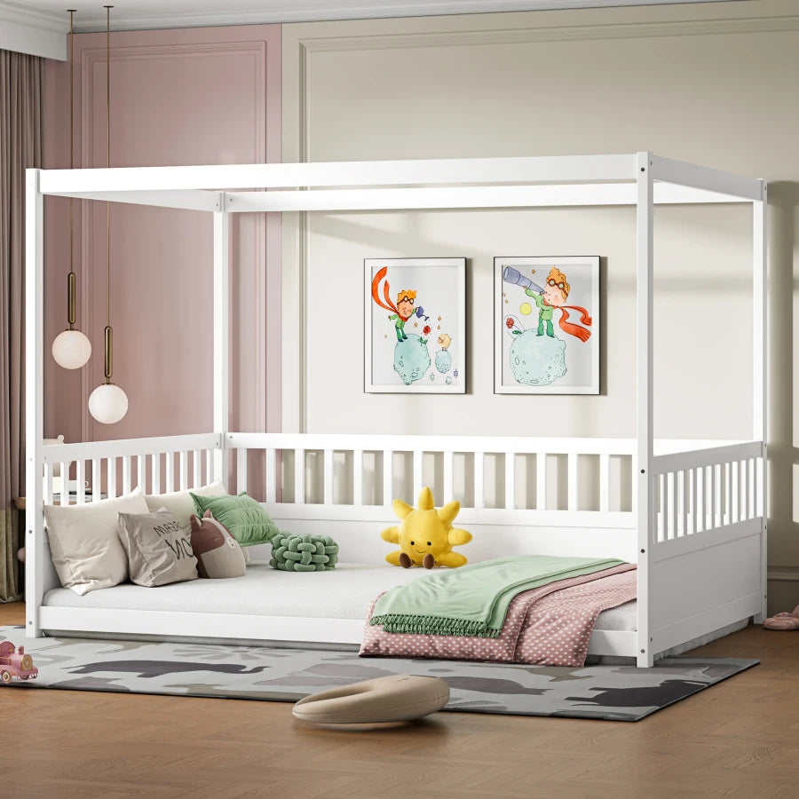 Nido | Full Size Wood Canopy Floor Bed with Guardrails Montessori Frame