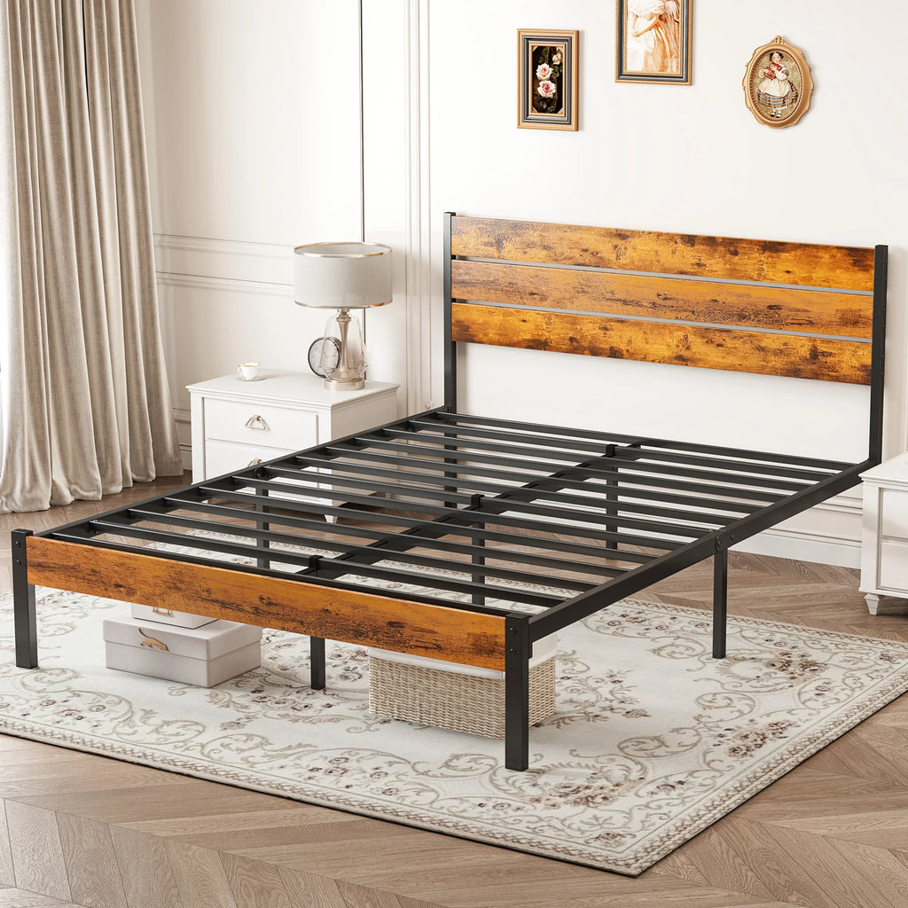 Rovere | Wood Headboard Metal Platform Bed Frame with 800 lb Support