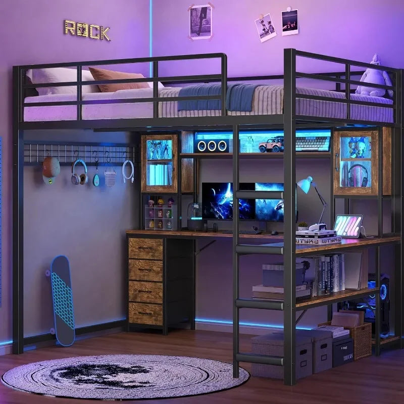 Torre | Full Size Gaming Loft Bed with Desk Hutch Storage Drawers and RGB Lighting