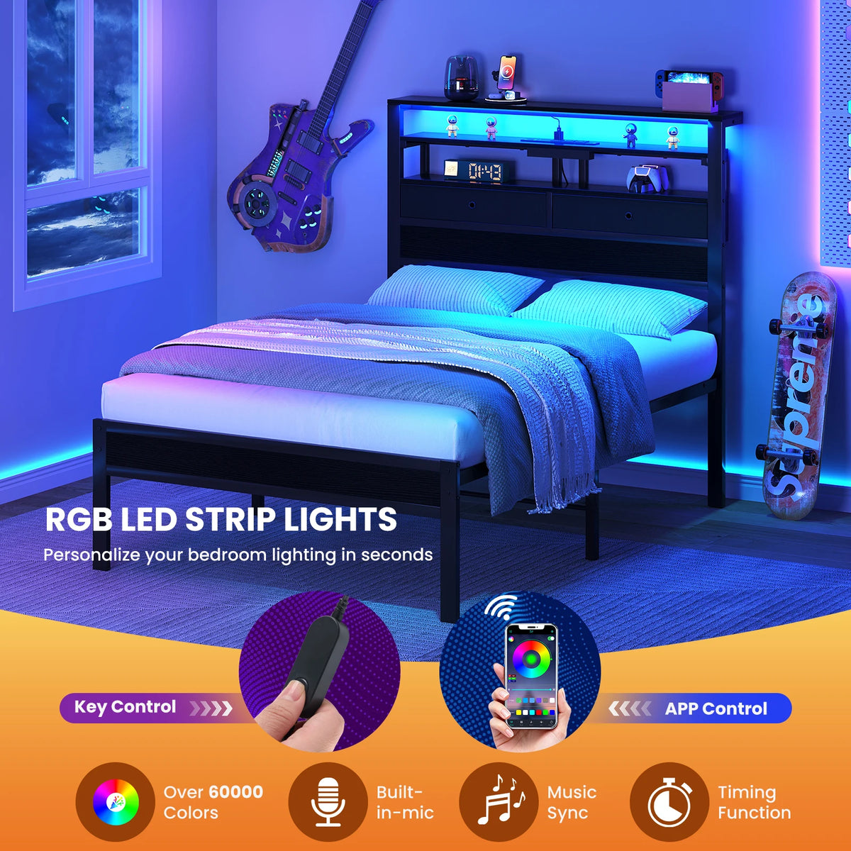 Scaffale | Metal Platform Bed with LED Three Tier Headboard Shelves and Storage Drawers