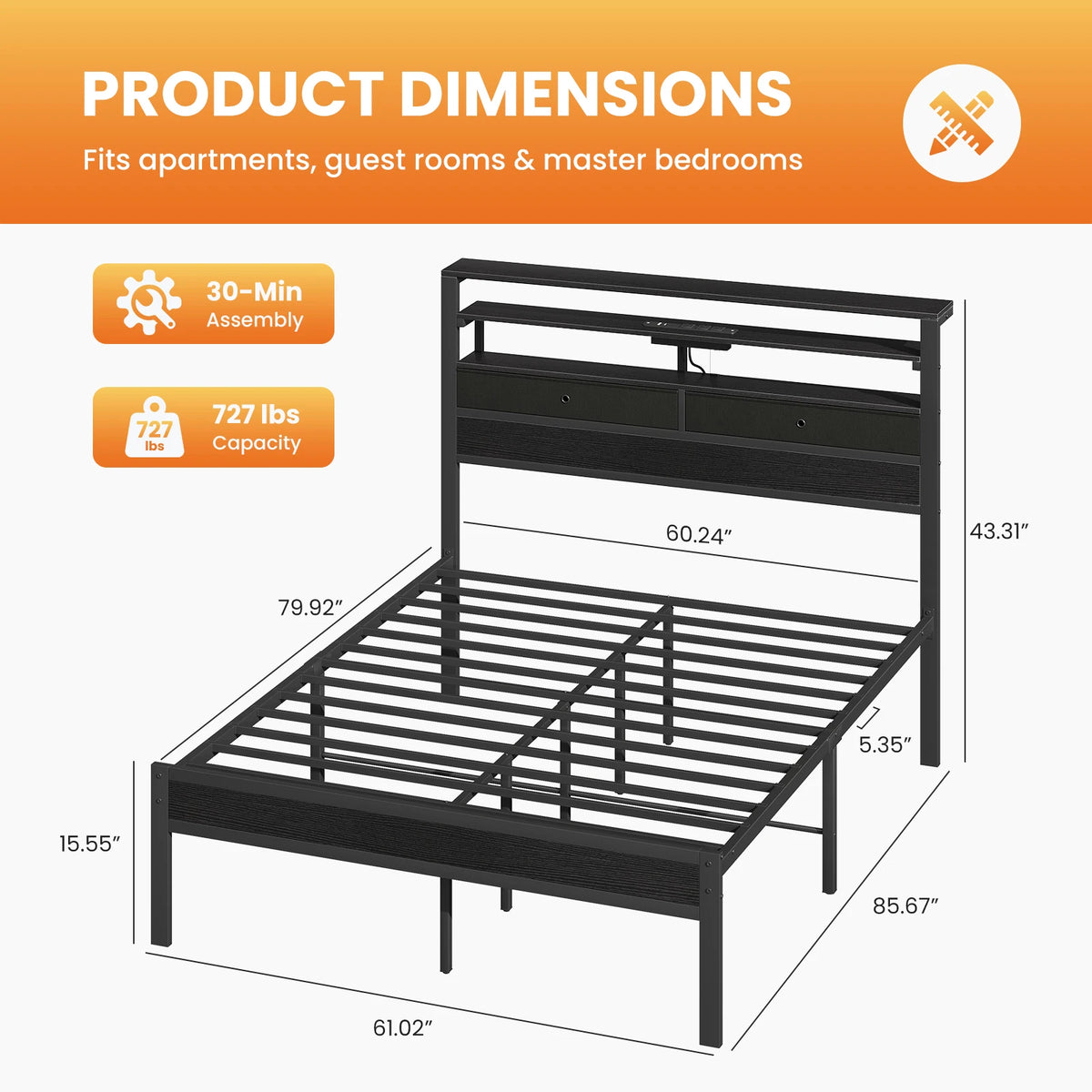 Scaffale | Metal Platform Bed with LED Three Tier Headboard Shelves and Storage Drawers