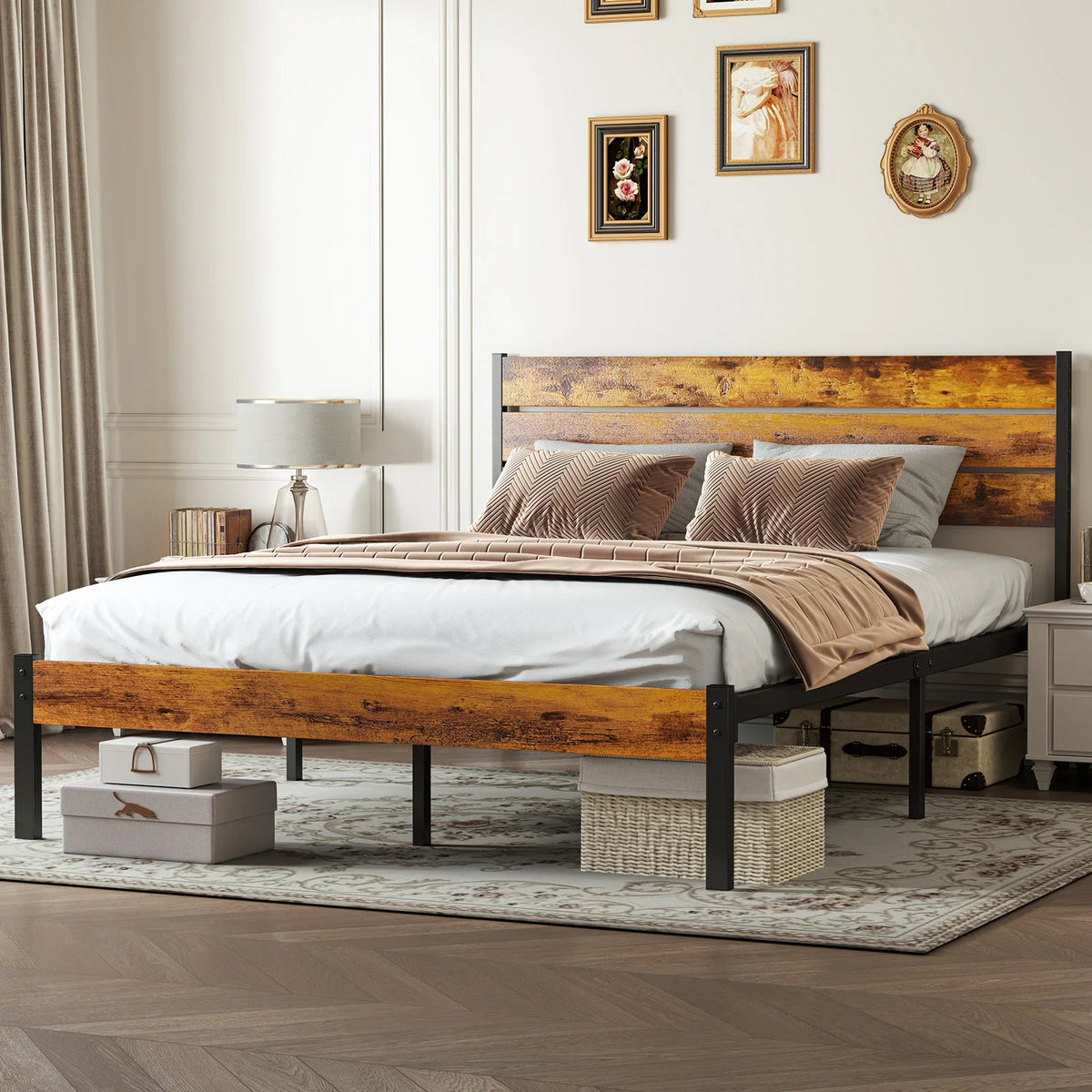 Rovere | Wood Headboard Metal Platform Bed Frame with 800 lb Support