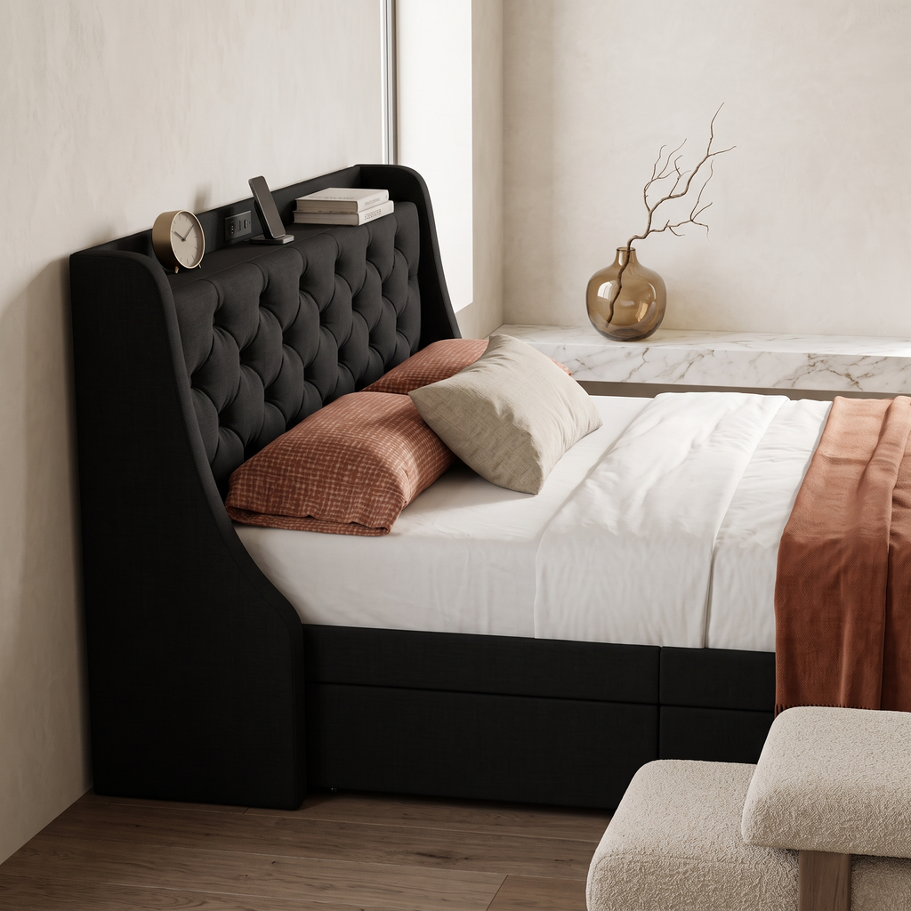 Ala Queen Wingback Bed Frame — bedroom side angle