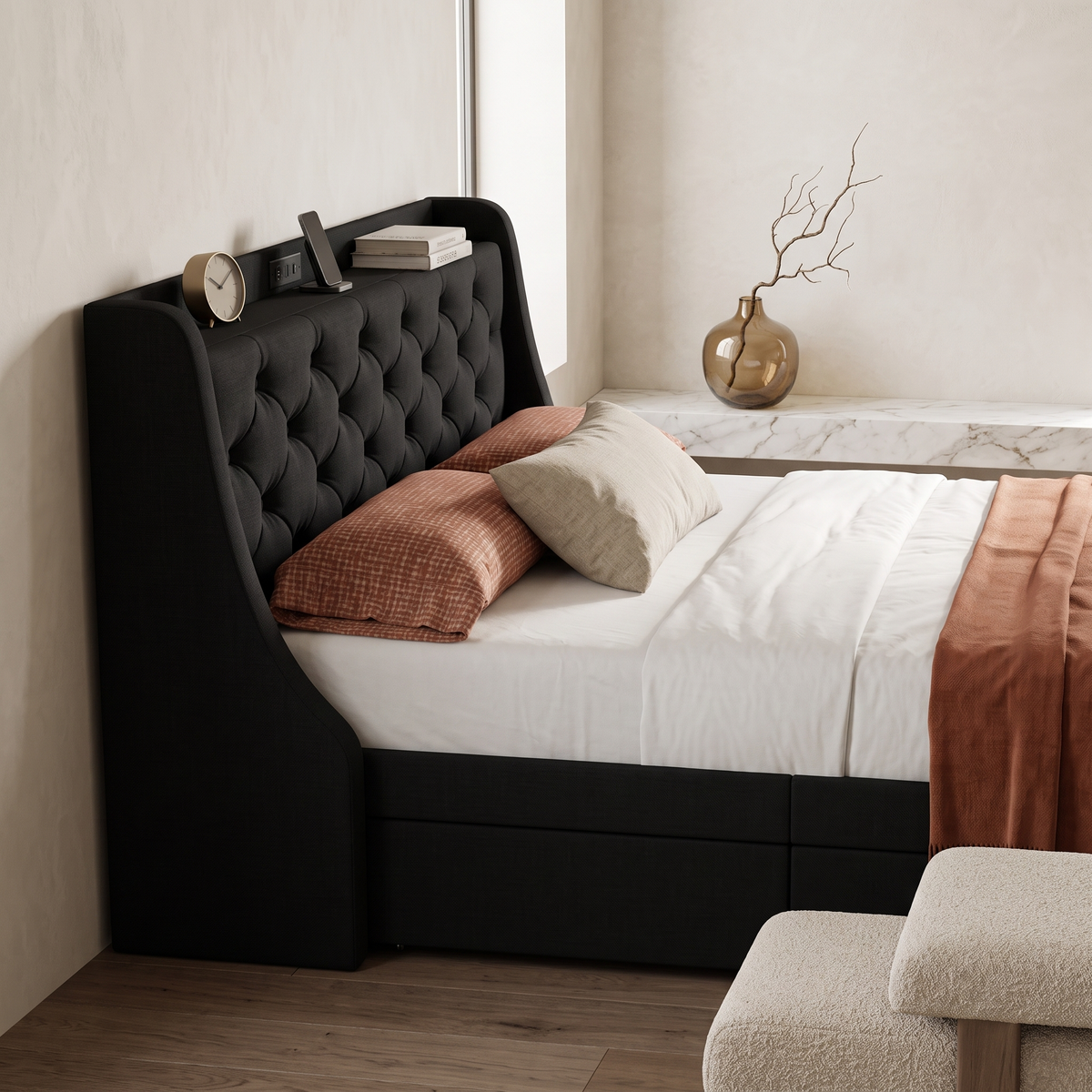 Ala Queen Wingback Bed Frame — bedroom side angle