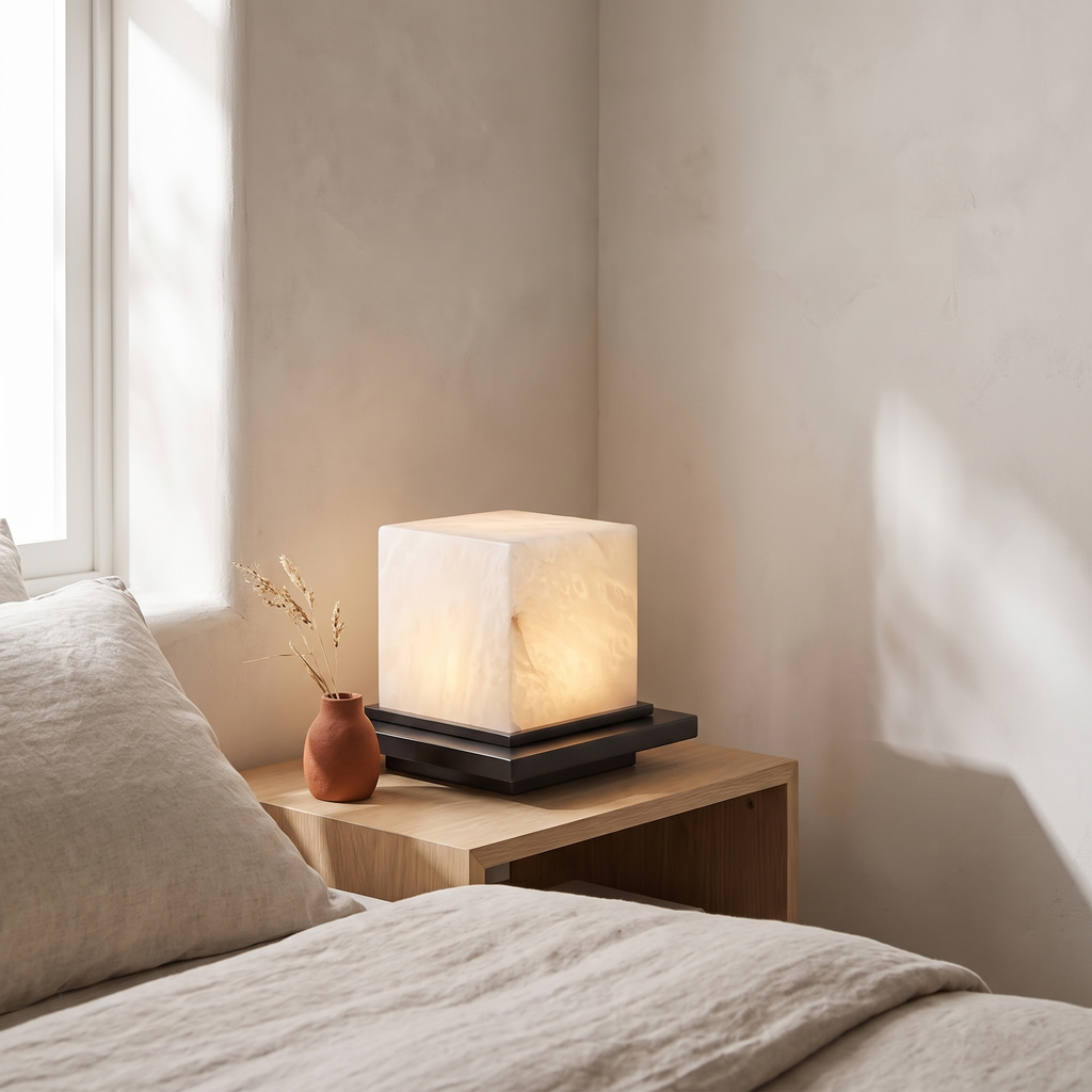 Corso marble and iron LED table lamp — bedside setting