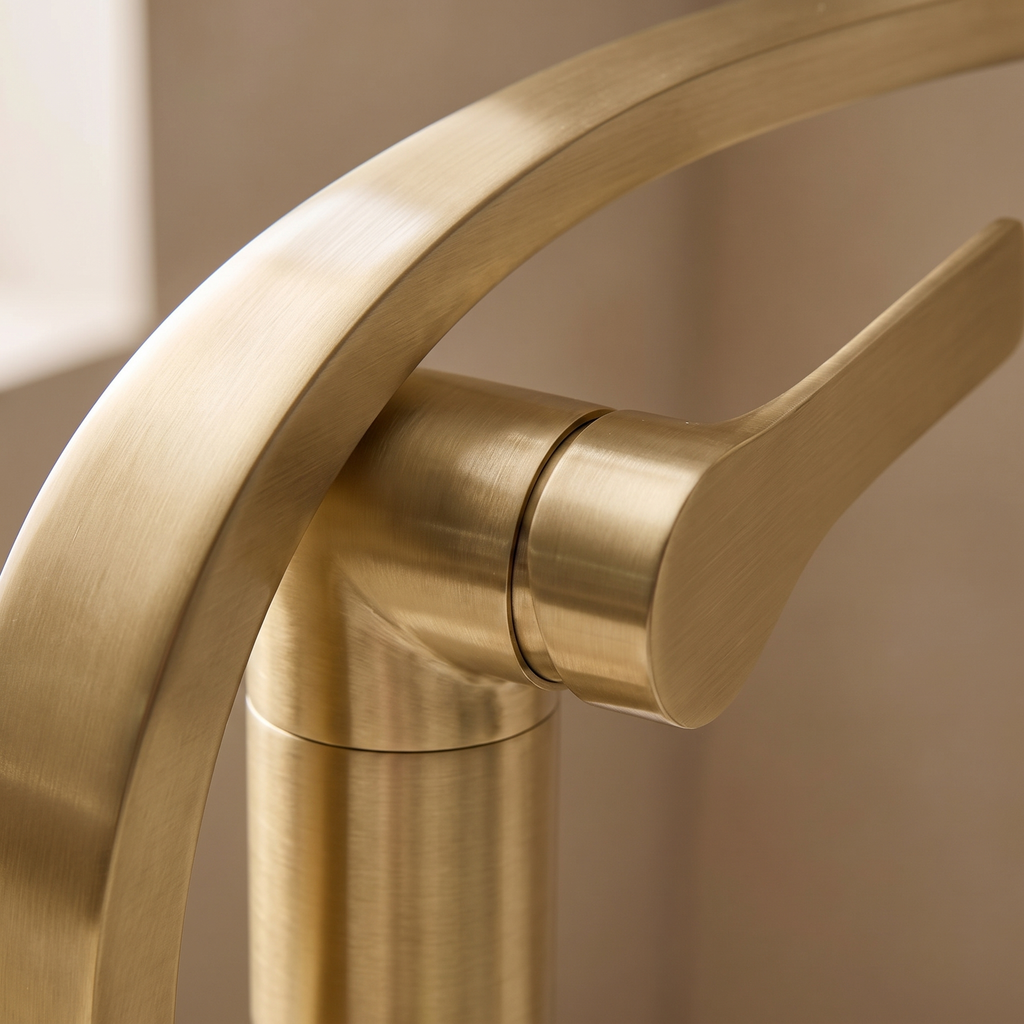 Curva brass curved basin faucet — brushed brass detail