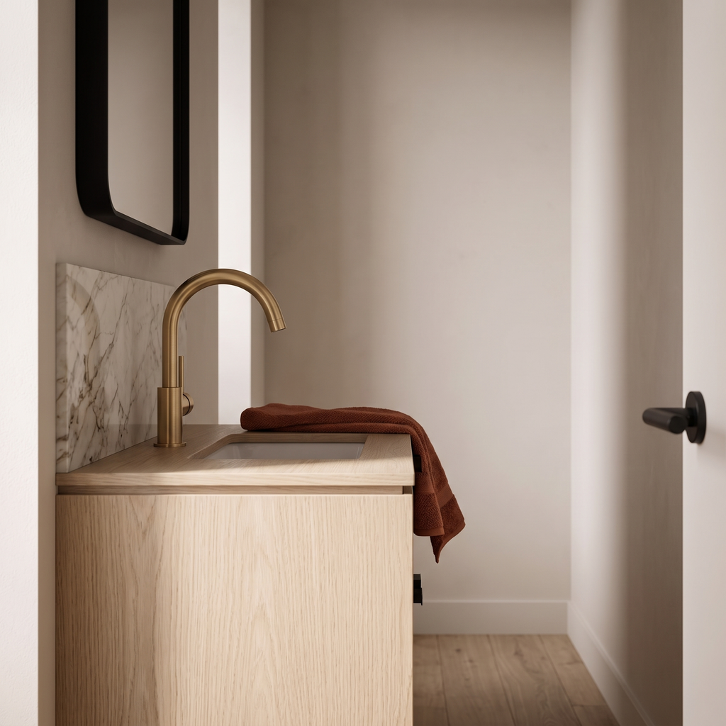 Curva brass curved basin faucet — powder room setting
