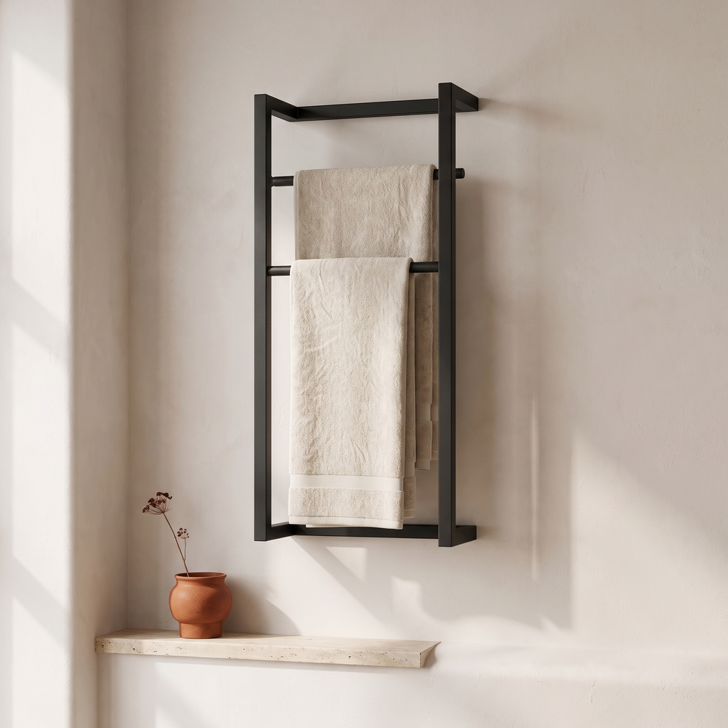 Doppio two bar cast iron towel rack — styled with linen bath towels