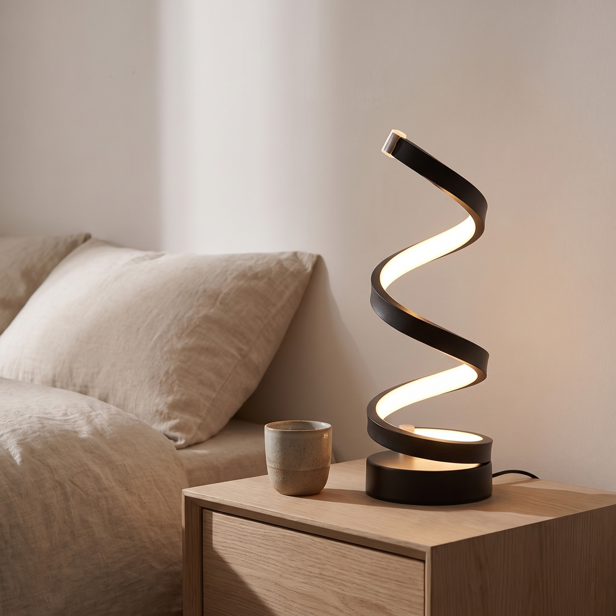 Elica dimmable spiral LED table lamp — bedside setting