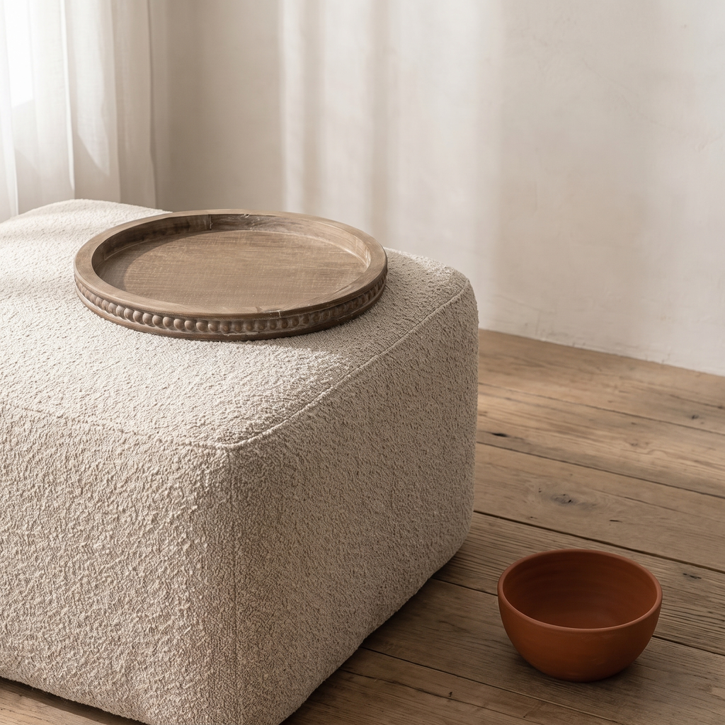 Fattoria rustic wooden serving tray — on a living room ottoman