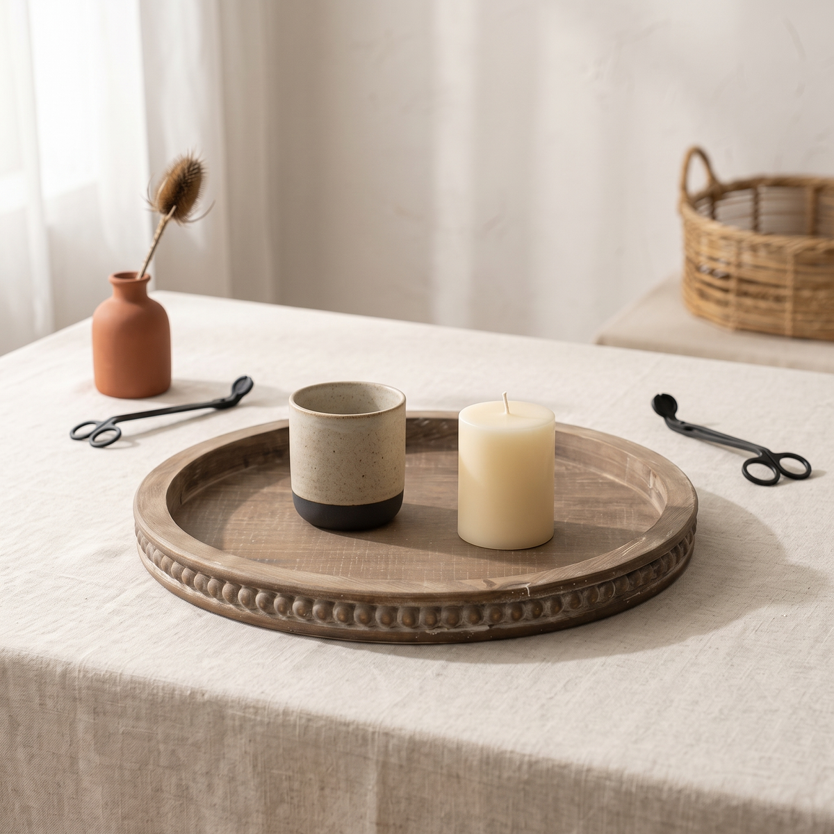 Fattoria rustic wooden serving tray — styled on a linen dining table