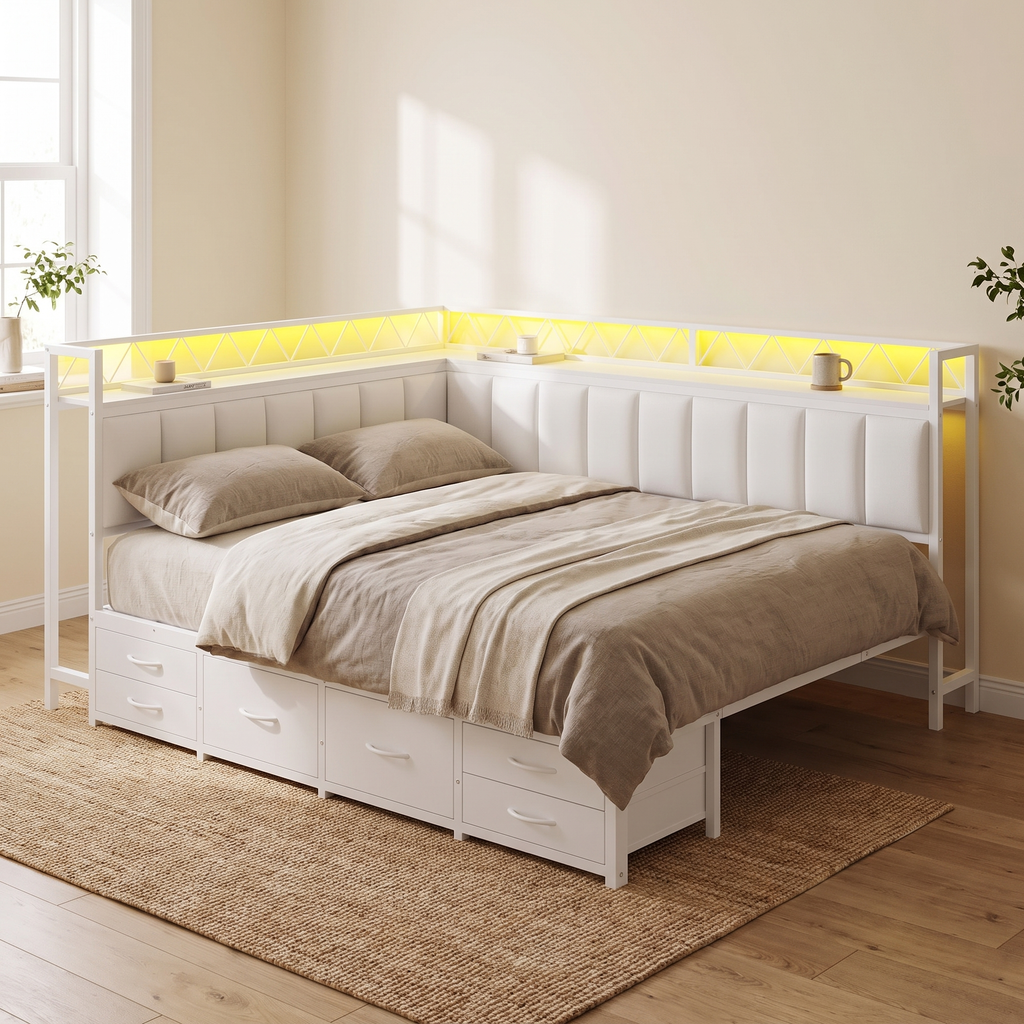 Angolo Corner Queen Bed Frame — bedroom side angle