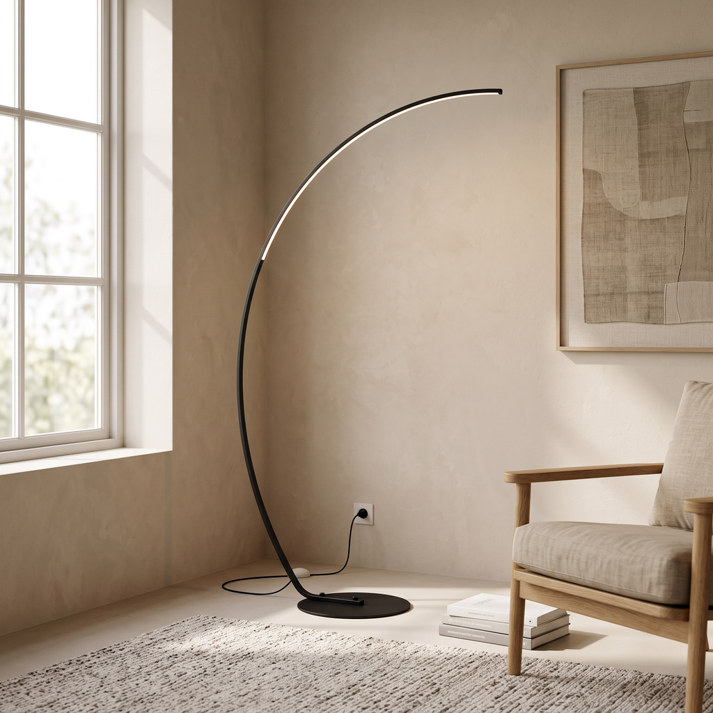 Arcata Arc Floor Lamp — living room side angle