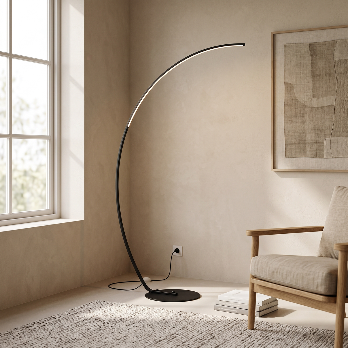 Arcata Arc Floor Lamp — living room side angle