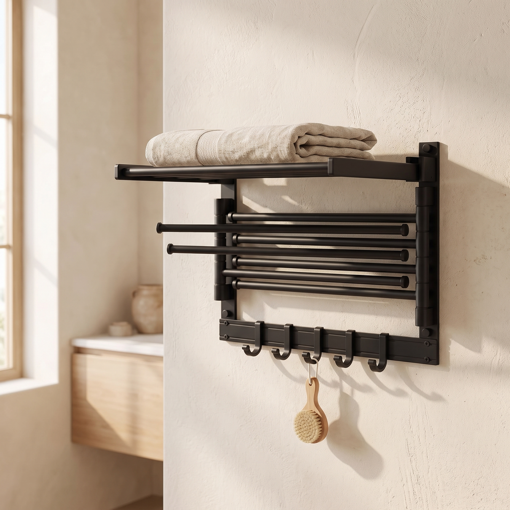 Aria Foldable Rotating Wall Mounted Towel Rack — bathroom side angle
