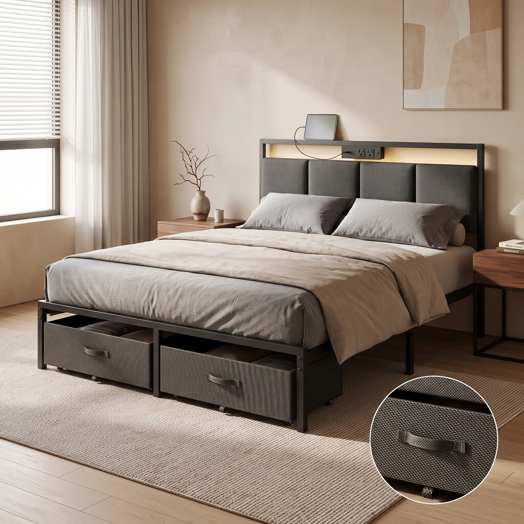 Aurea Full Size Upholstered Bed Frame — bedroom side angle