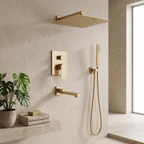 Aurora Brushed Gold Concealed Shower System — bathroom side angle