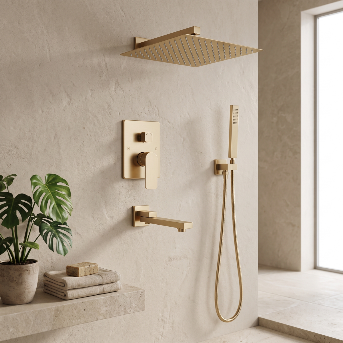 Aurora Brushed Gold Concealed Shower System — bathroom side angle