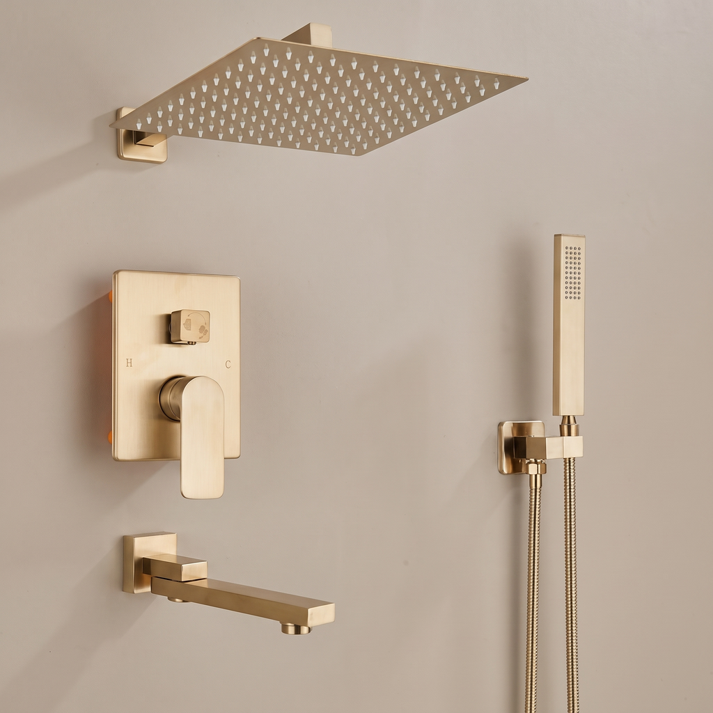 Aurora Brushed Gold Concealed Shower System — brushed gold finish detail