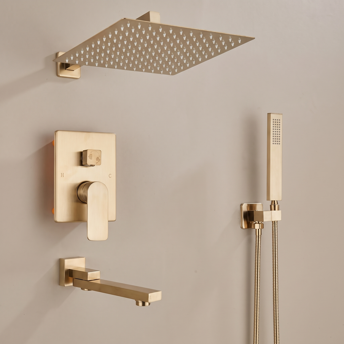 Aurora Brushed Gold Concealed Shower System — brushed gold finish detail