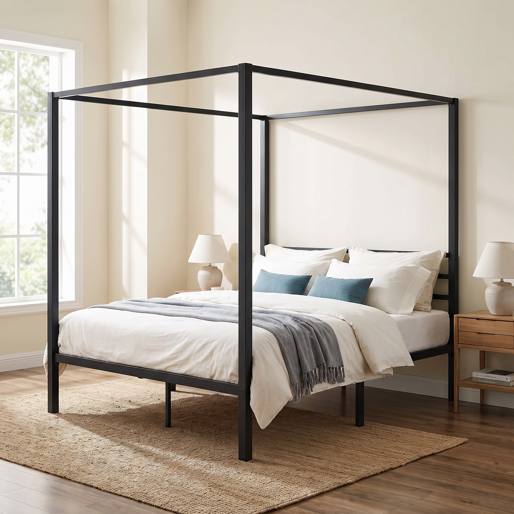 Baldacchino Four Poster Canopy Bed Frame — bedroom side angle